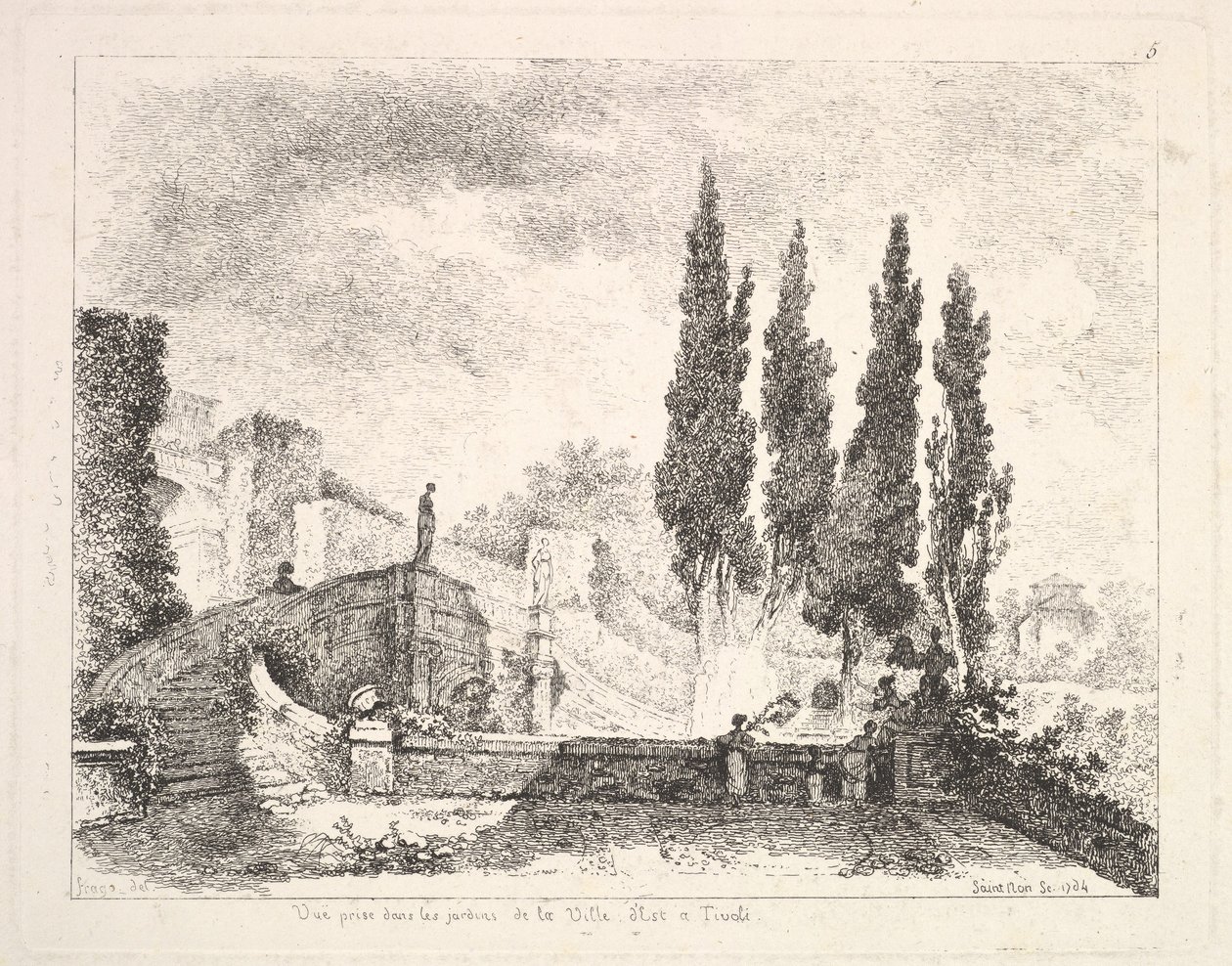 منظر للحدائق في فيلا ديستي في تيفولي ، أشجار قبرص إلى اليمين ، درج يؤدي ... ، 1764. بواسطة جان كلود ريتشارد سانت نون