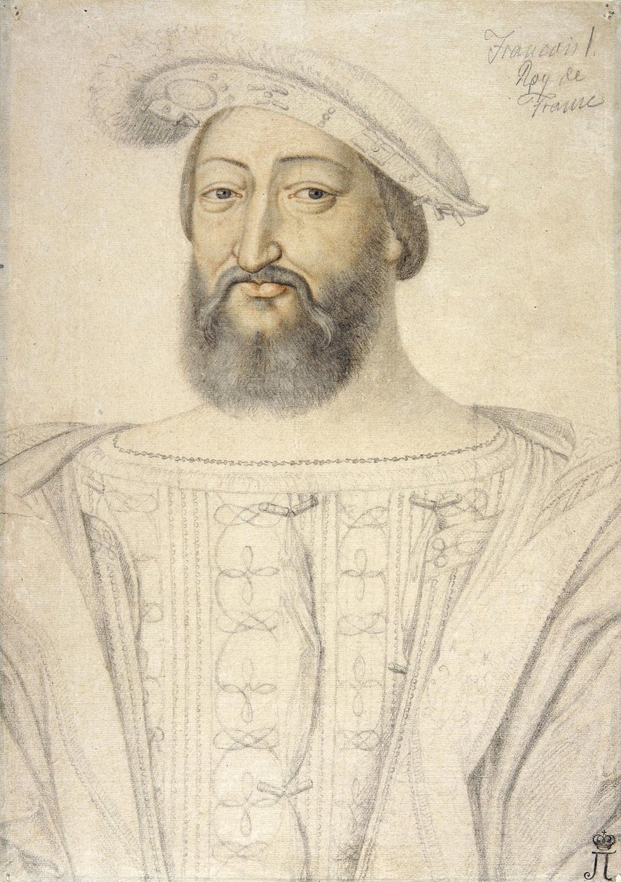 صورة لفرانسيس الأول (1494-1547) ، ملك فرنسا par Clouet ، جان (1485-1541). الطباشير الأسود والتفاؤل على الورق ، الحجم: 31.6 × 22.5 ، النصف الأول من القرن السادس عشر ، متحف الإرميتاج ، سانت بطرسبرغ بواسطة جان كلويت