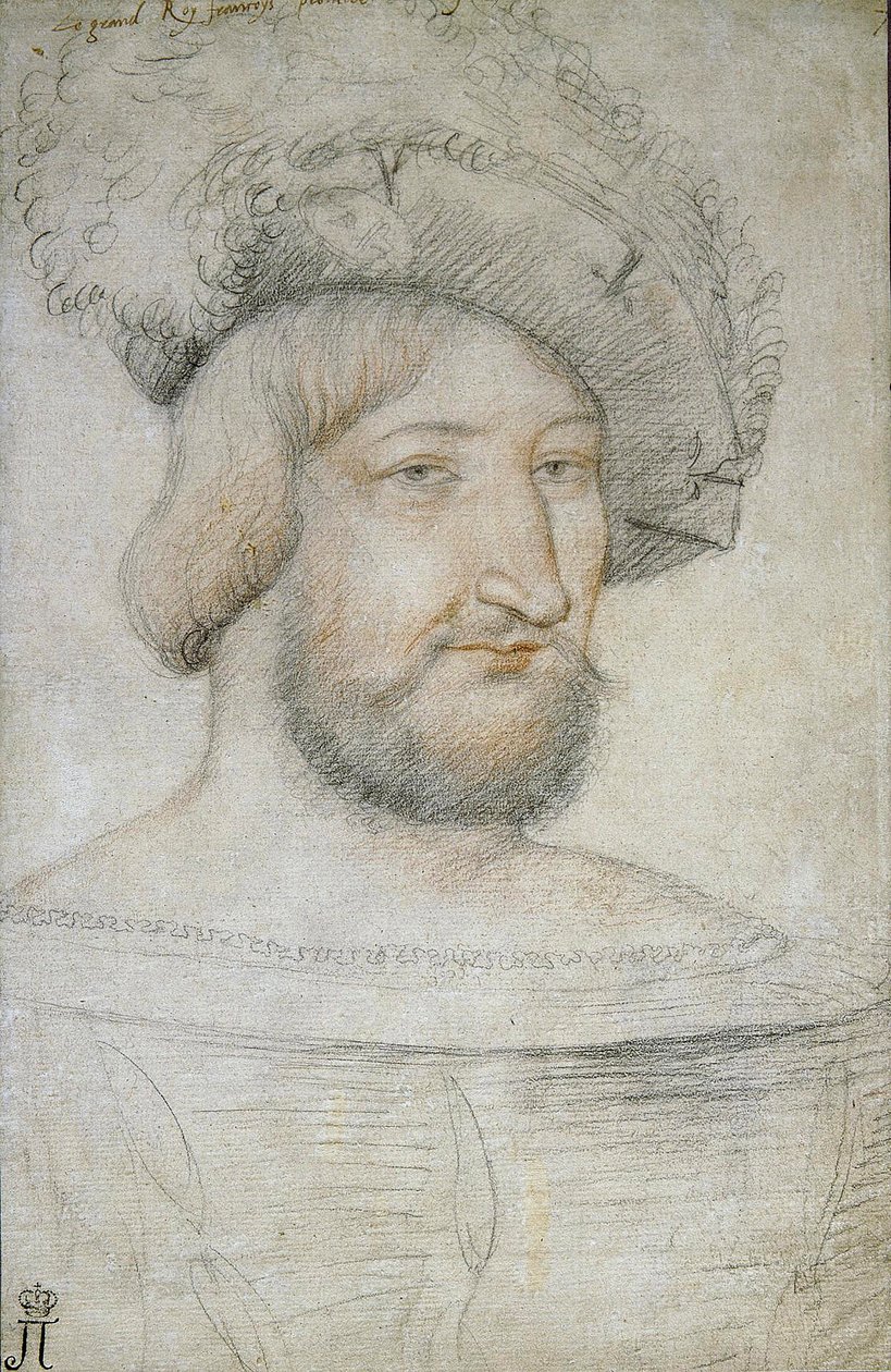 صورة لفرانسيس الأول (1494-1547) ، ملك فرنسا par Clouet ، جان (1485-1541). الطباشير الأسود والتفاؤل على الورق ، الحجم: 29،3 × 19،1 ، النصف الأول من القرن السادس عشر ، متحف الإرميتاج ، سانت بطرسبرغ بواسطة جان كلويت