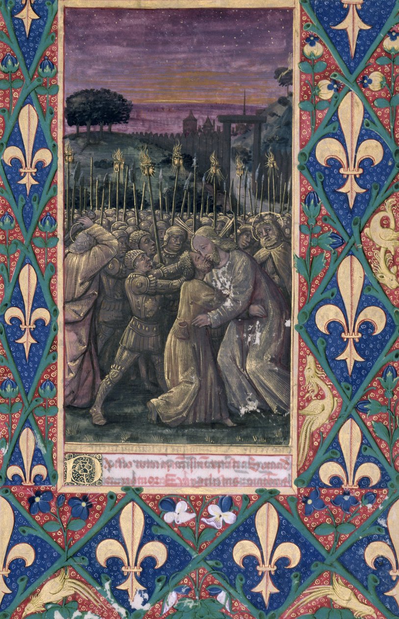 السيدة لات. QvI126 f.100 قبلة يهوذا ، من "كتاب ساعات لويس دورليانز" ، ١٤٦٩ بواسطة جان كولوم