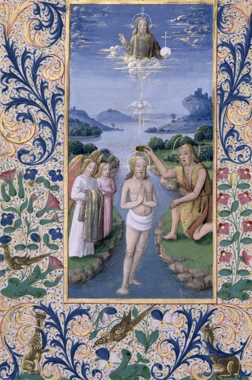 السيدة لات. QvI126 f.88v معمودية المسيح ، من "كتاب ساعات لويس دورليانز" ، ١٤٦٩ بواسطة جان كولوم