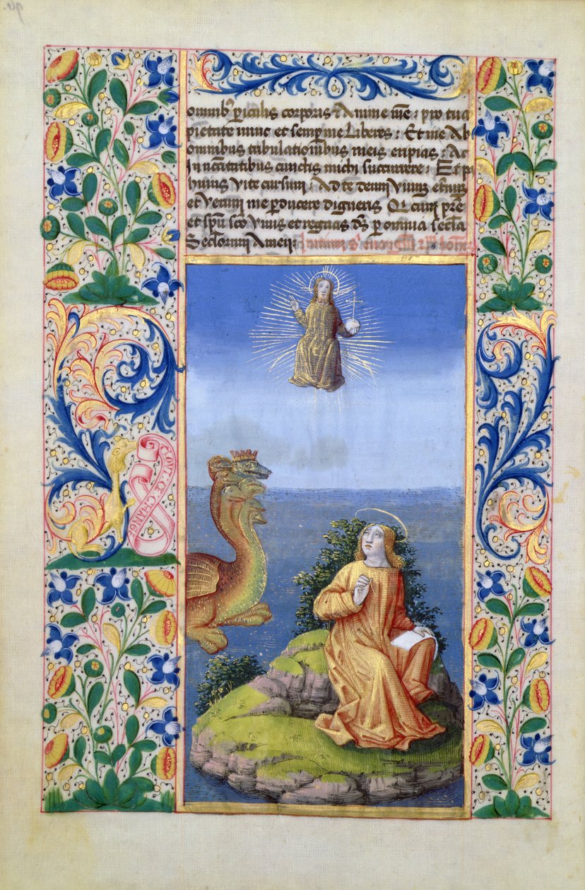 السيدة لات. QvI126 f.96v سانت جون الإنجيلي في جزيرة بطمس ، من كتاب ساعات لويس دورليانز ، 1469 بواسطة جان كولوم