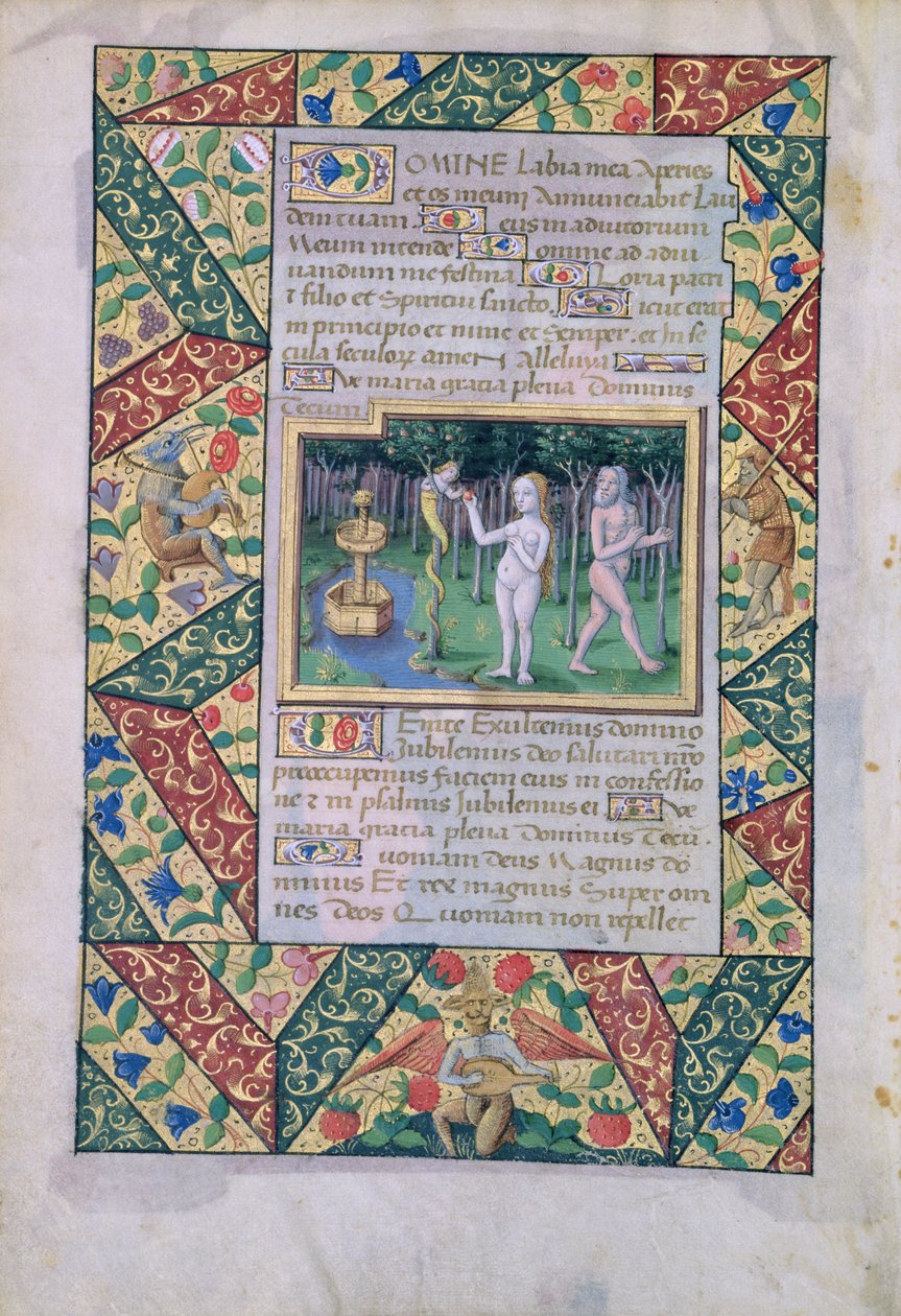 السيدة لات. QvI126 fol.12v التجربة في جنة عدن ، من كتاب ساعات لويس دورليانز ، 1490 بواسطة جان كولوم