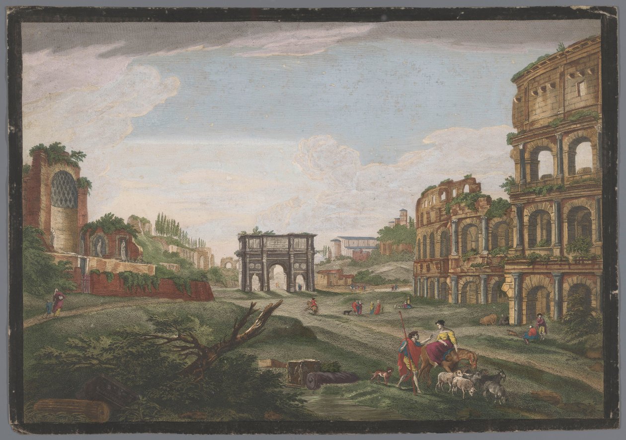 منظر لأطلال قوس قسطنطين والكولوسيوم في روما Rome ancienne (العنوان على الكائن) بواسطة جان دول