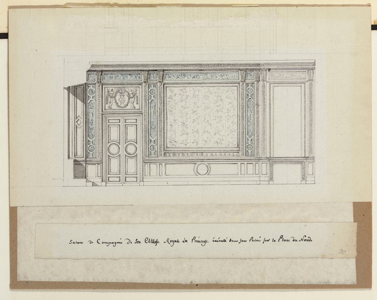 تصميم لتزيين الجدران لـ Salon de Compagnie (قلم رصاص وقلم وحبر وغسل على ورق) بواسطة جان ديموستين (Attr. To) Dugourc
