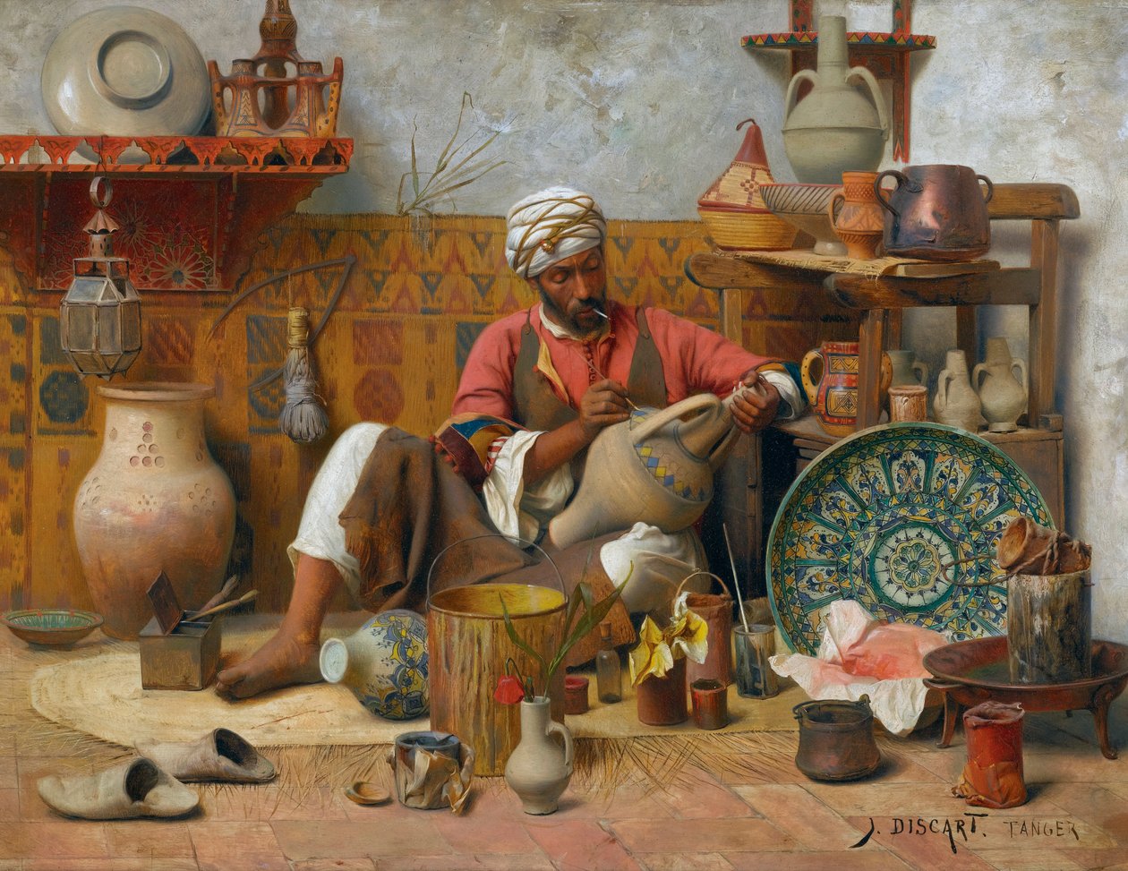 أستوديو للفخار بطنجة - جان ديسكارت (1856-1944). زيت على خشب الأبعاد: 35 و 545.5 سم مجموعة خاصة بواسطة جان ديسكارت