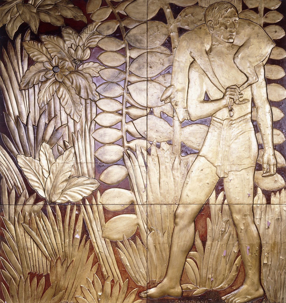 أربعة ألواح خشبية مطلية بالورنيش ومذهبة من "La Chase" حوالي 1935-1949 بواسطة جان دوناند