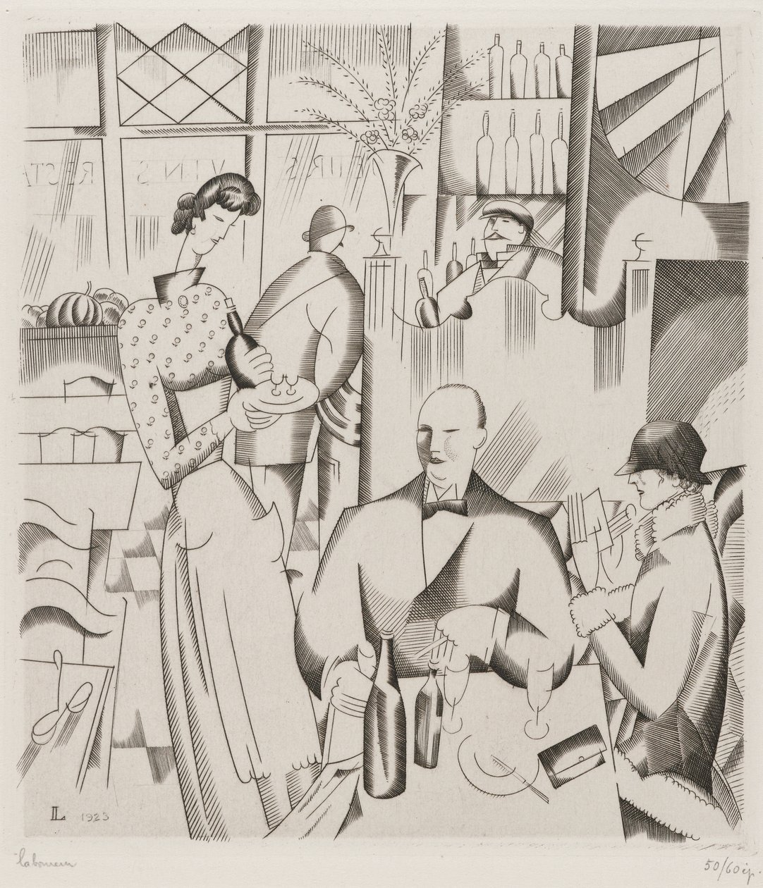 العشاء في بيستو (Le diner chez le bistrot) ، 1923 (النقش على ورق منسوج) بواسطة جان إميل لابوريور