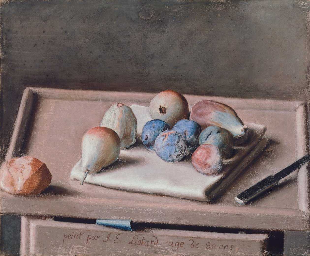 Still Life with Pears, Figs, Prunes, Bread Roll and Knife on Table بواسطة جان اتيان ليوتارد