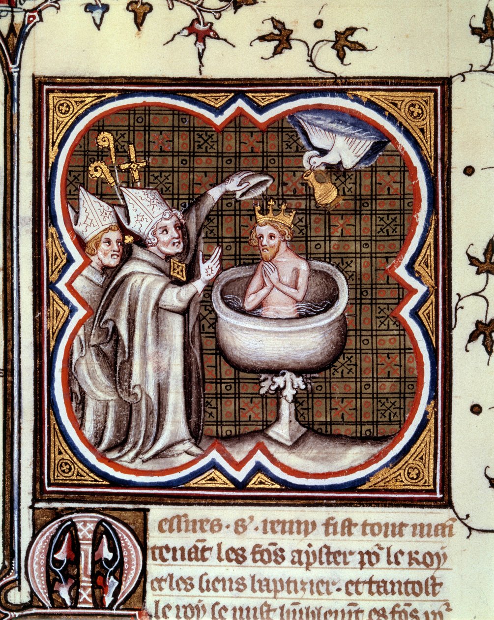 Bapteme of Clovis (466-511) للقديس ريمي (القديس ريمي) إلى ريمس في عام 496: الروح القدس يجلب اللمبة المقدسة التي تحتوي على الكرم المقدس المستخدم لدهن الملوك. صورة مصغرة في "" Grandes Chronicles de france "لجين فوكيه (1420-1481) بواسطة جان فوكيه