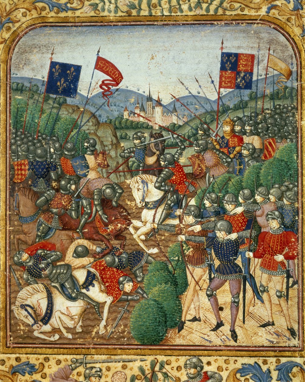 معركة أزينكور (1415). خلال حرب المائة عام ، هزم هنري الخامس ملك إنجلترا حزب Armagnacs الفرنسي - في "Grandes Chronicles de France" لجين فوكيه ، حوالي 1467 - 1476). مكتبة فيكتوريا وألبرت بواسطة جان فوكيه