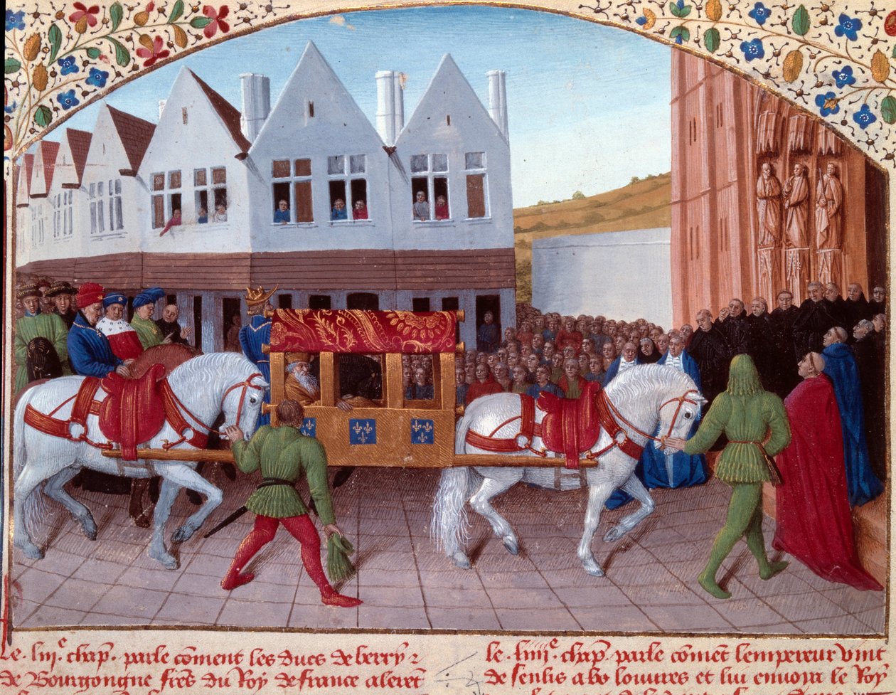 Entrée of Charles IV (1316-1378) الإمبراطور الألماني عام 1378 في سان دوني. صورة مصغرة من "" Grandes Chronicles de France "(الورقة 442). إنلومين بواسطة جان فوكيه (القرن الخامس عشر) بواسطة جان فوكيه