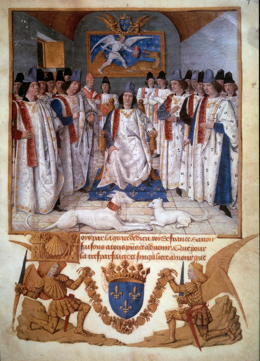 تم عقد فصل من وسام القديس ميشيل حول لويس الحادي عشر (1423-1483) منمنمة من "قوانين وسام سان ميشيل" لجان فوكيه (1420-1481) 1470 باريس ، بي إن بواسطة جان فوكيه