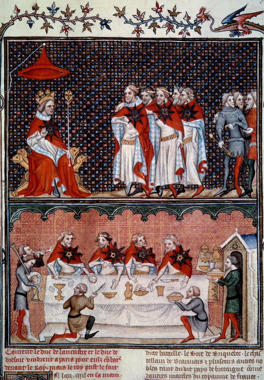 مؤسسة Ordre de l'Etoile بواسطة Jean le Bon (1319-1364) ومأدبة في 1352 مصغرة من "" Les grandes Chronicles de France "لجين فوكيه (1420-1481) 1455-1460 Paris، BN بواسطة جان فوكيه