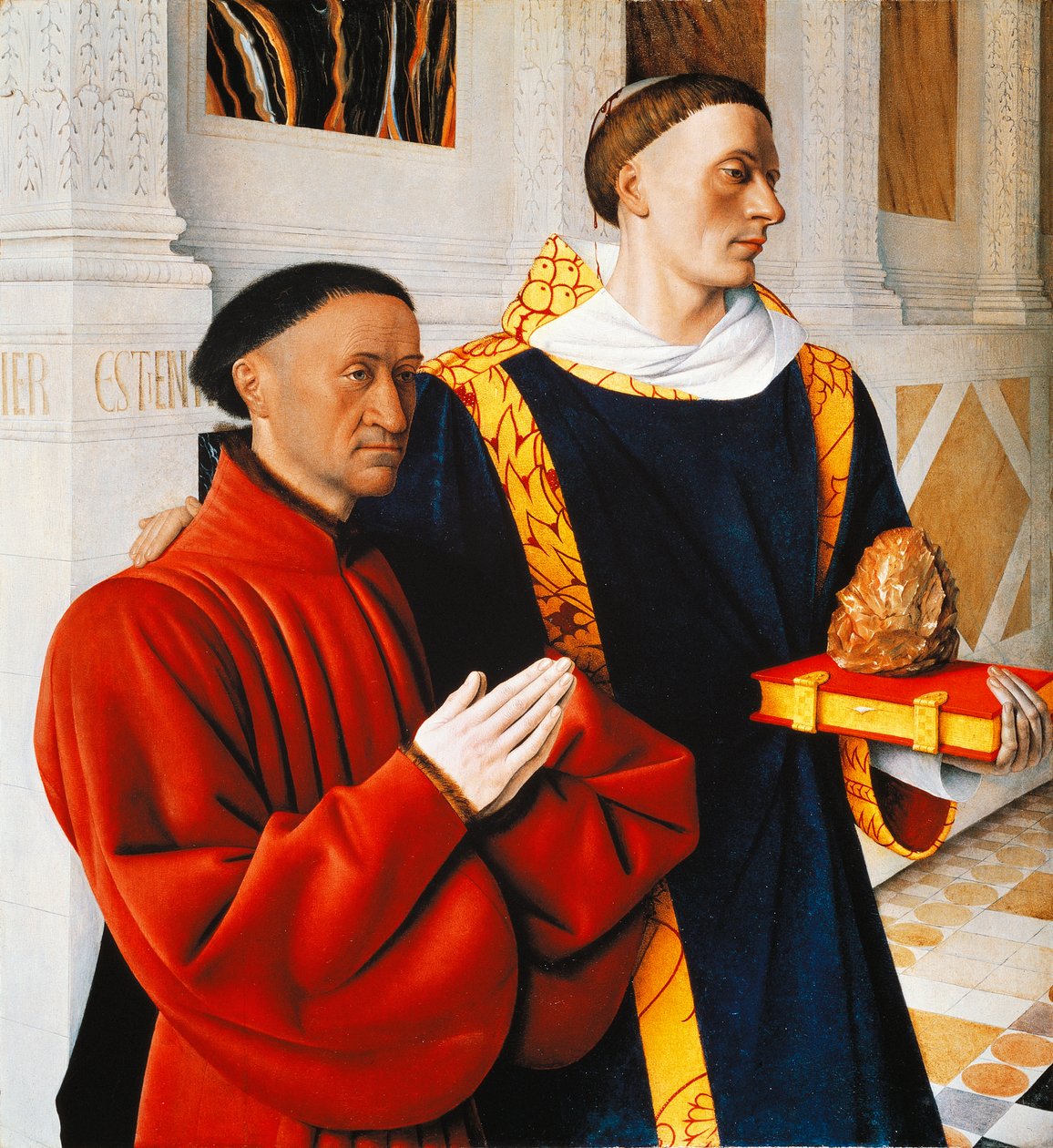 Left hand panel of the Melun Diptych: Etienne Chevalier with his patron saint St Stephen بواسطة جان فوكيه