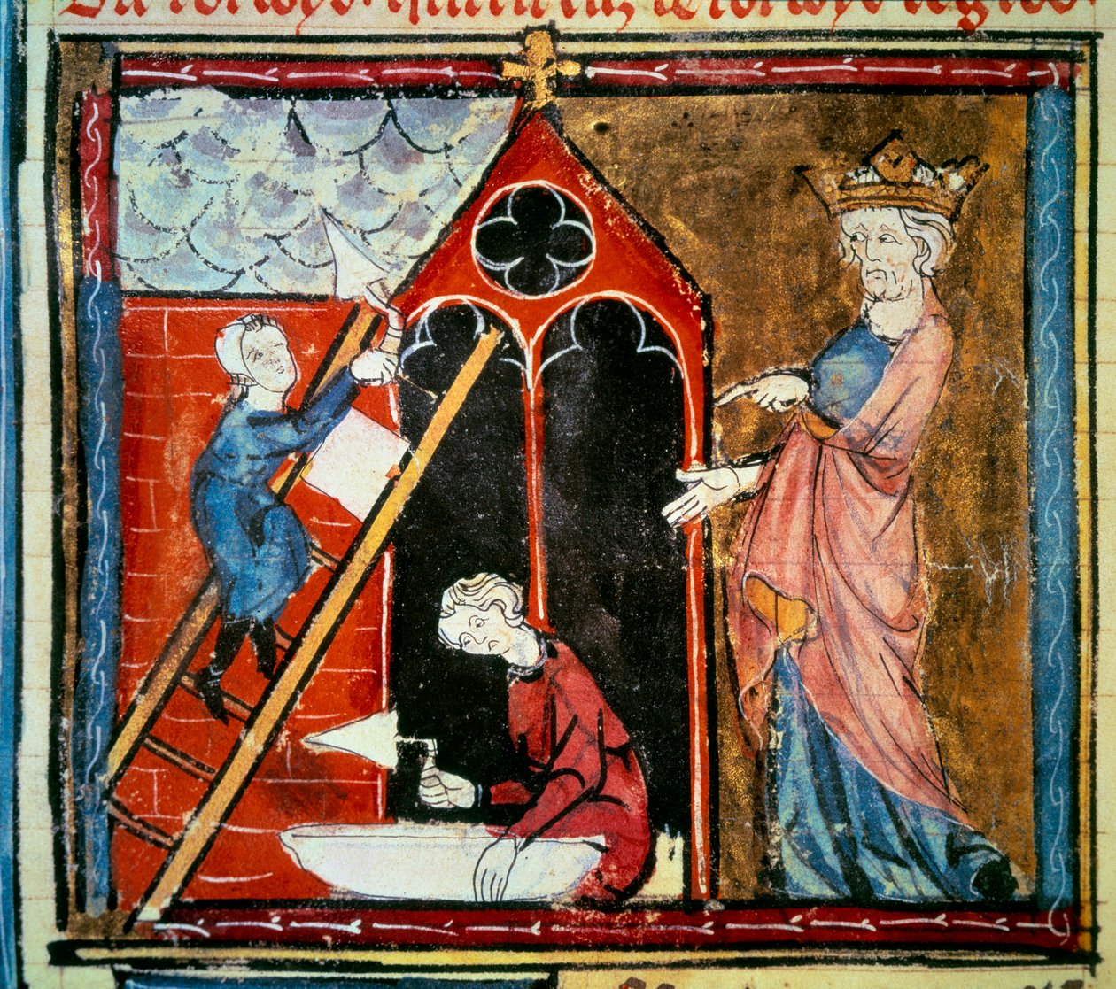 لويس السادس لو غروس (1081-1137) أشرف على تشييد مبنى. صورة مصغرة في "" Grandes chroniques de france "لجين فوكيه (1420-1481) بواسطة جان فوكيه