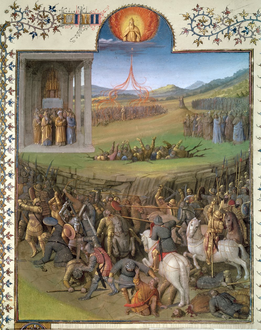 السيدة ف 247 ص 70 معركة العبرانيين ضد الكنعانيين وتأديب قورح والمتمردين ، مثال من كتاب "Antiquites Judaiques" ، 1470 بواسطة جان فوكيه