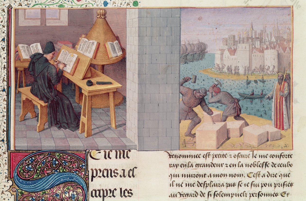 Ms.fr.273 fol.7 ليفي (59 قبل الميلاد - 17 ميلادي) الكتابة ومؤسسة روما ، من "حوليات الشعب الروماني" ترجمة بيير بيرسوير ، 1475 بواسطة جان فوكيه