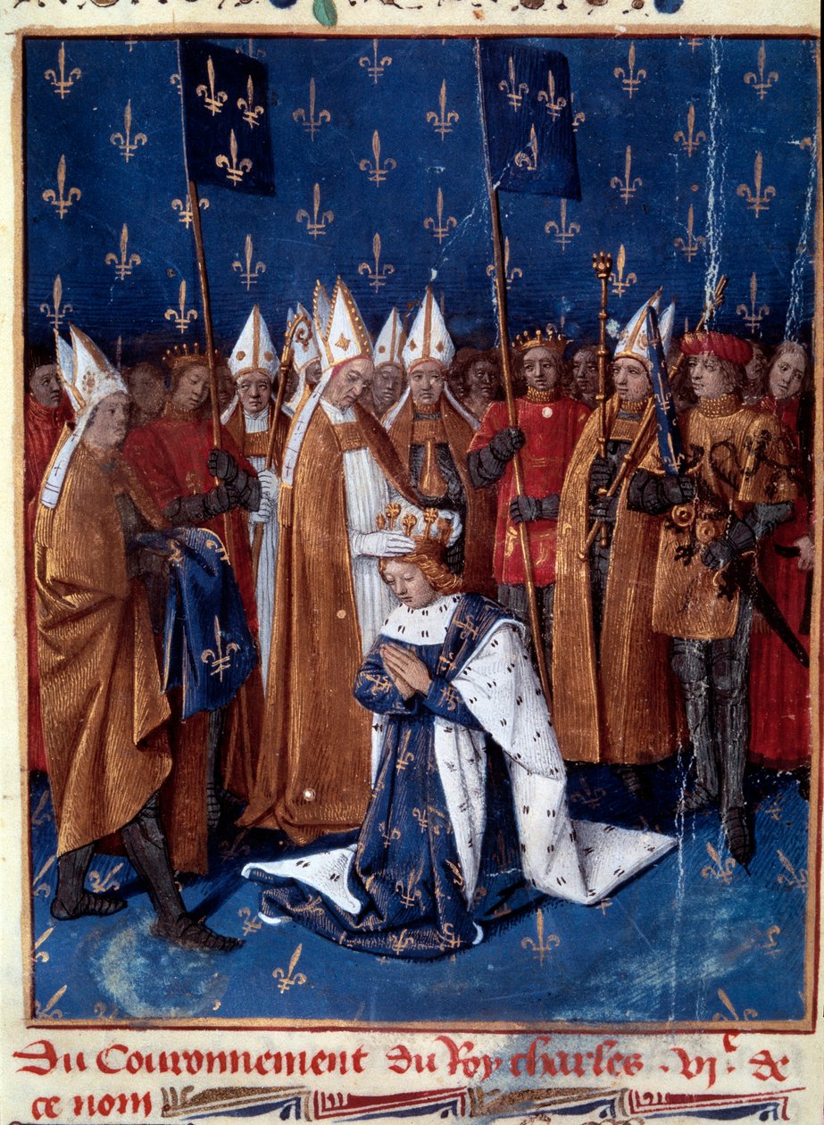 شارل السادس المقدس في ريمس عام 1380. صورة مصغرة في "" Grandes Chronicles de France "" (Folio 457v) ، ينيرها جان فوكيه (1420-1481) 1455-1460. BN ، باريس. بواسطة جان فوكيه