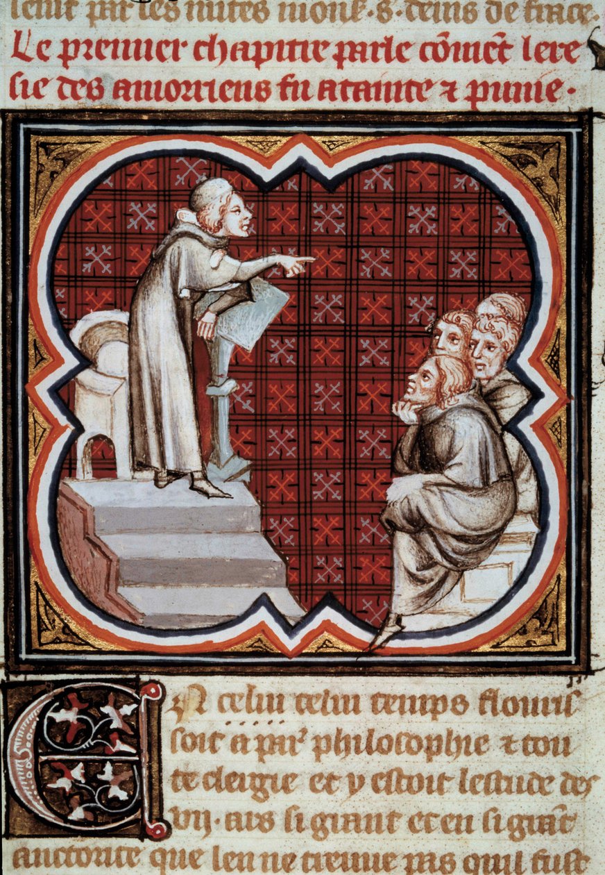 الفيلسوف واللاهوتي الفرنسي Amaury de Chartres (أو Amaury de Bene أو Amalricus de Bene) (توفي عام 1209) أمام تلاميذه (الأموريين). صورة مصغرة من Les Grandes Chronicles de France "" أضاءها جان فوكيه (1420-1481) بواسطة جان فوكيه