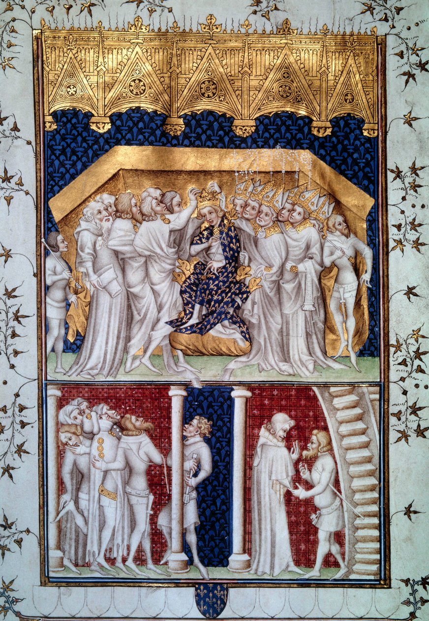 تتويج شارل السادس (1368-1422) من قبل أقران فرنسا في 16/09/1380. صورة مصغرة من Grandes Chronicles de France "" لجين فوكيه (1420-1481) القرن الخامس عشر ، باريس ، بنسلفانيا بواسطة جان فوكيه