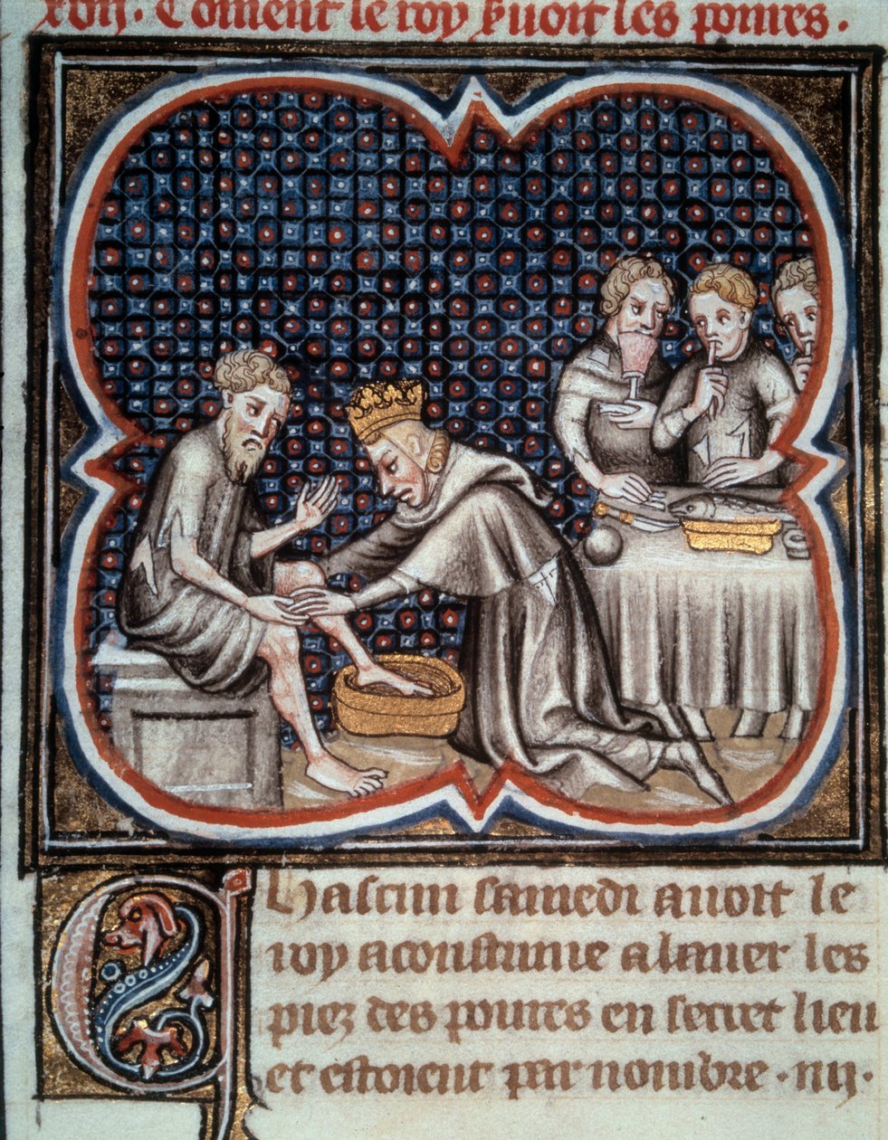 The foot of King Louis IX (1214-1270) (Saint Louis): he gives food and washes the feet of the poor. Miniature from the manuscript “Les Grandes Chronicles de France”” by Jean Fouquet (1420-1481) 15th century. Paris, B.N. بواسطة جان فوكيه