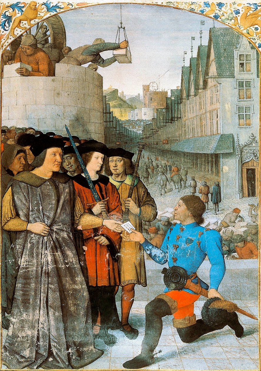 Viscount of Rochechouart يستقبل رسولًا ملكيًا. صورة مصغرة لجان فوكيه (1420-1481) من "سجلات فرنسا الكبرى". 1455-1460 بواسطة جان فوكيه