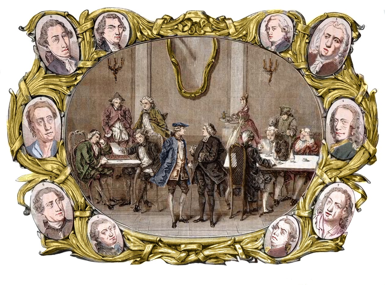 باريس - مقهى "Procope" في القرن الثامن عشر من اليمين إلى اليسار ، في الميداليات ، جورج لويس لوكلير ، كونت دي بوفون ، نيكولاس جوزيف فلوران جيلبرت ، دينيس ديدرو ، جان لو روند دالمبيرت ، جان فرانسوا مارمونتيل ، ليكين (هنري لويس كاين (Henr بواسطة جان فرانسوا بادورو