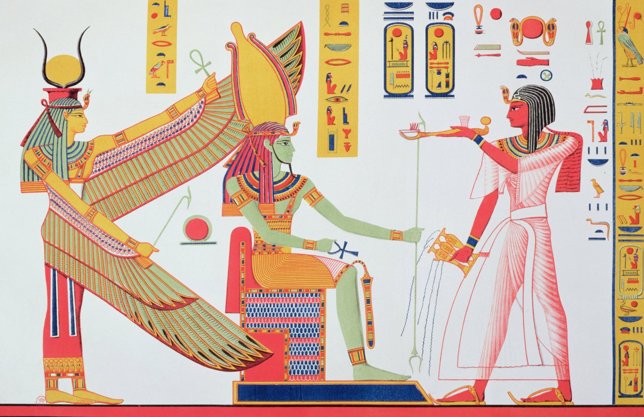 رمسيس الرابع (1153-1147 قبل الميلاد) يقدم البخور لإيزيس وآمون ري ، جالسًا على العرش ، نسخة من لوحة جدارية من قبره في وادي الملوك ، اللوحة 260 من آثار مصر جان فرانسوا بواسطة جان فرانسوا شامبليون