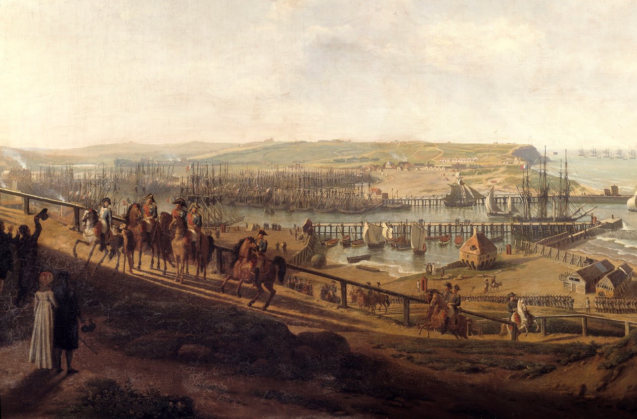 زار الإمبراطور نابليون الأول مخيم بولوني في يوليو 1804 بالتفصيل. رسم جان فرانسوا هيو (1751-1823) 1804 صن. 1،9x2،26 م بواسطة جان فرانسوا هوي