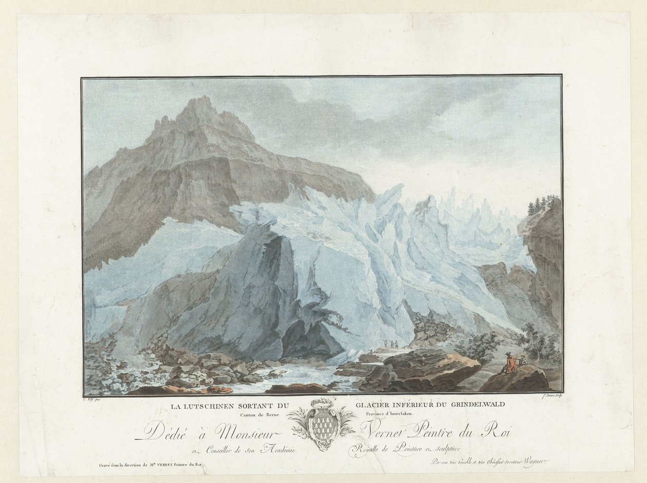 Gletsjer bij Grindelwald خروج Lutschinen من أسفل نهر Grindelwald الجليدي. مقاطعة كانتون برن بإنترلاكن (العنوان على القطعة) مناظر رائعة لجبال سويسرا (عنوان السلسلة) بواسطة جان فرانسوا جانينيت