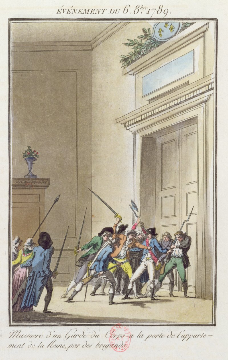 قام حشد من الباريسيين بمهاجمة وقتل الحارس عند مدخل شقق الملكة في فرساي 6 أكتوبر 1789 بواسطة جان فرانسوا جانينيت