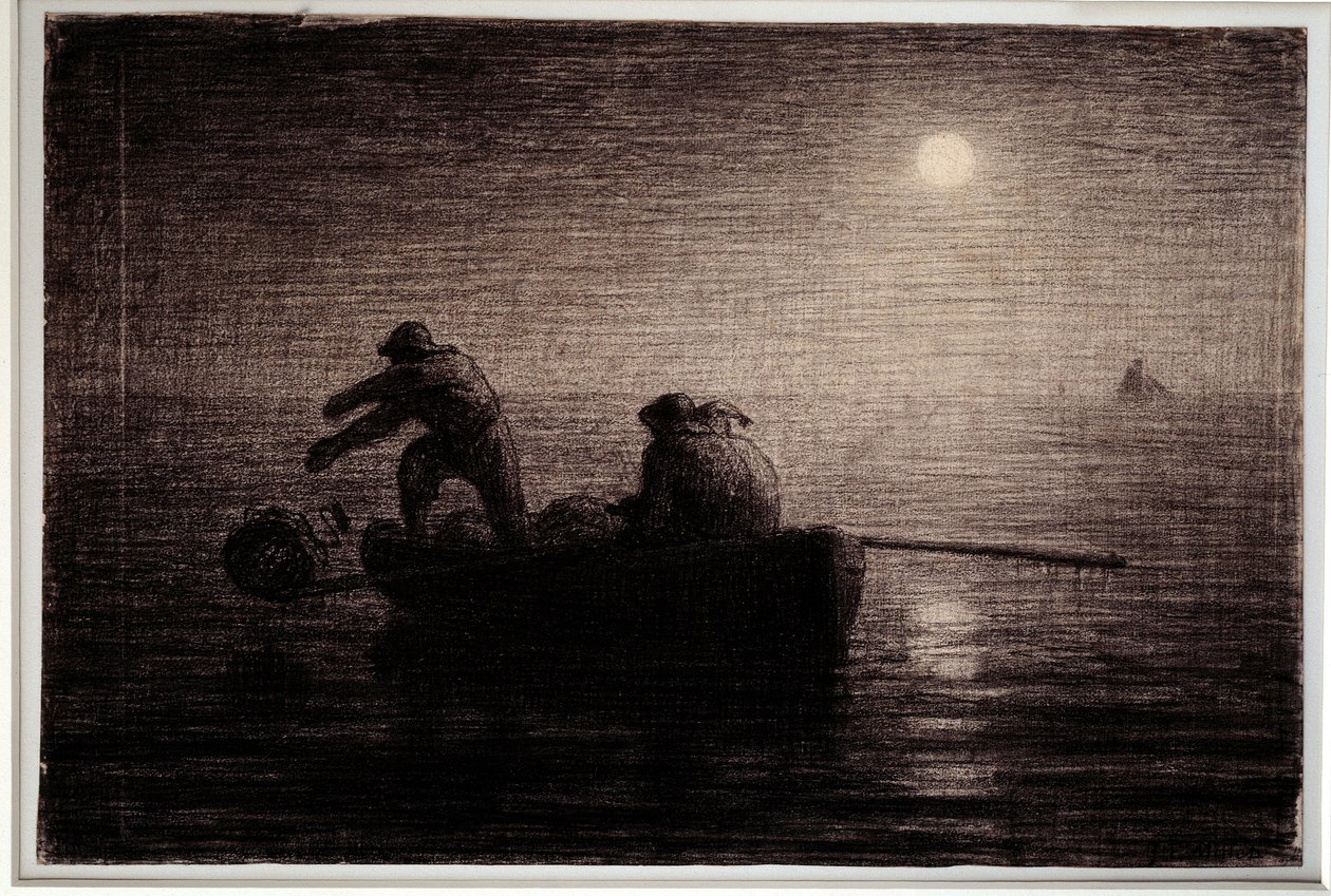 صيادو الكركند يرمون طينهم ، تأثير ليلي ، رسم بقلم الرصاص الأسود لجان فرانسوا ميليت (1814-1875) ، حوالي 1856-1858. خافت. 0،32 x 0،49 م باريس. متحف أورساي بواسطة جان فرانسوا ميلت