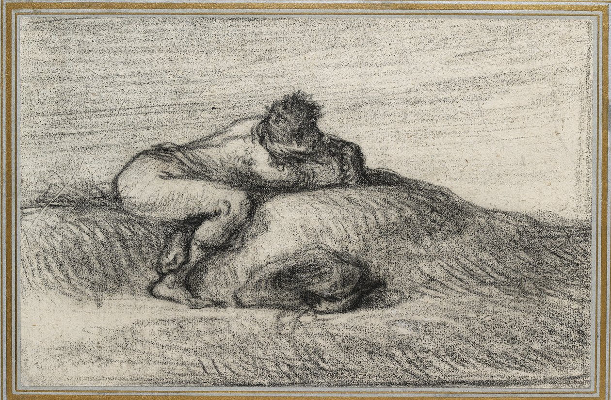 رجل يجلس على هيلوك ، 1848 - 1850 (قلم تلوين أسود على ورق أبيض باهت ، مرسوم على ورق أزرق شاحب محاط بثلاثة خطوط ذهبية) بواسطة جان فرانسوا ميلت