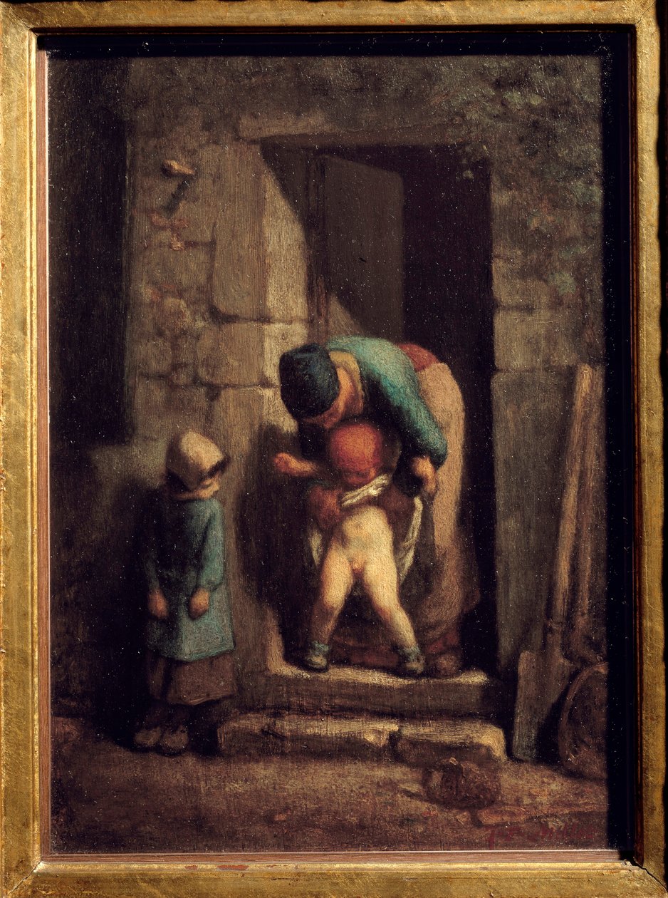 احتياطات الأمومة. أم تجعل ابنها يتبول أمام الباب. لوحة جان فرانسوا ميليت (1814-1875) بواسطة جان فرانسوا ميلت