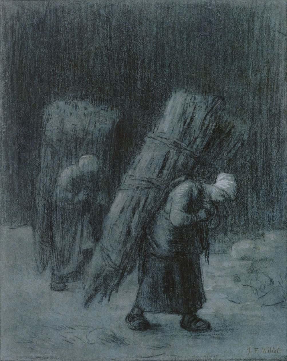 نساء يحملن أغصانًا ، حوالي 1858 (فحم معزز بغواش أبيض ، إطار فحم ، على ورق كثيف رمادي-أزرق) بواسطة جان فرانسوا ميلت