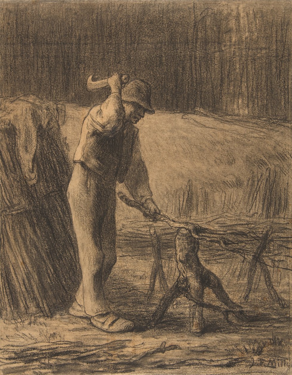 الحطاب تشذيب الأغصان ، 1853-54 (كونتي قلم تلوين مع جدعة على ورق بيج) بواسطة جان فرانسوا ميلت