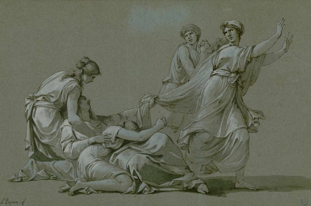 يتم تقديم الشباب والعوانس من أثينا كضحايا ذبيحة لمينوتور ، حوالي 1778. بواسطة جان فرانسوا بيير بيرون