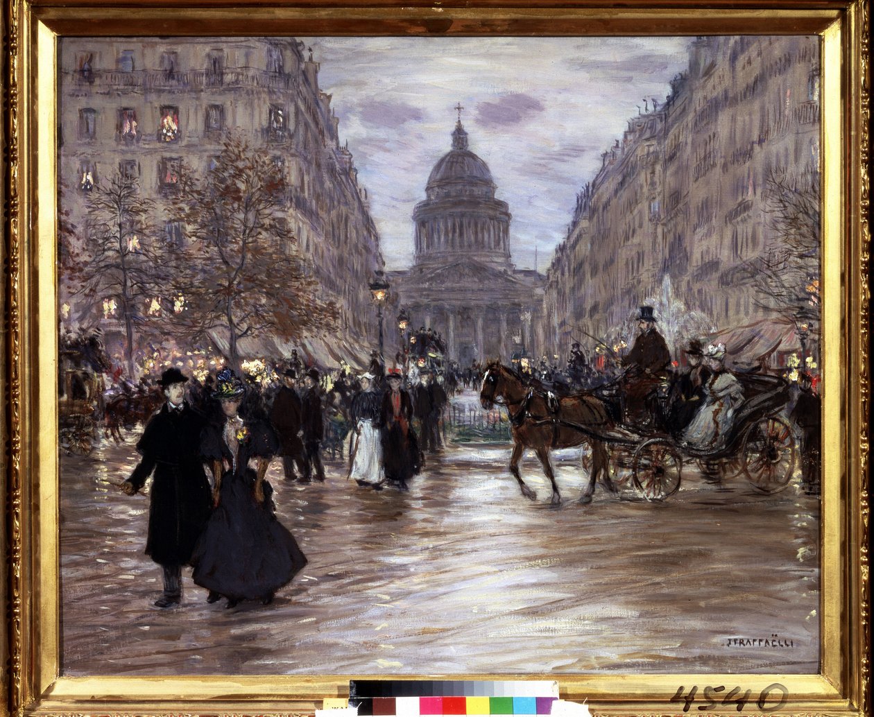 "" Boulevard Saint Michel "" منظر شارع Soufflot والبانثيون من حدائق لوكسمبورغ وشارع Saint-Michel في باريس ، سيارات الأجرة والأزواج الأنيقين ينعشون الشارع عند حلول الظلام. لوحة جان فرانسوا رافايلي (18 بواسطة جان فرانسوا رافايلي