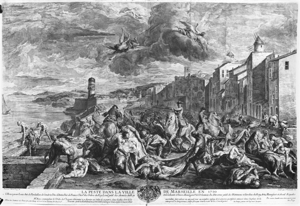 طاعون عام 1720 في مرسيليا ، نقش بواسطة سيمون توماسين (1655-1733) 1727 (نقش) (صورة بالأبيض والأسود) بواسطة جان فرانسوا دي (بعد) تروي