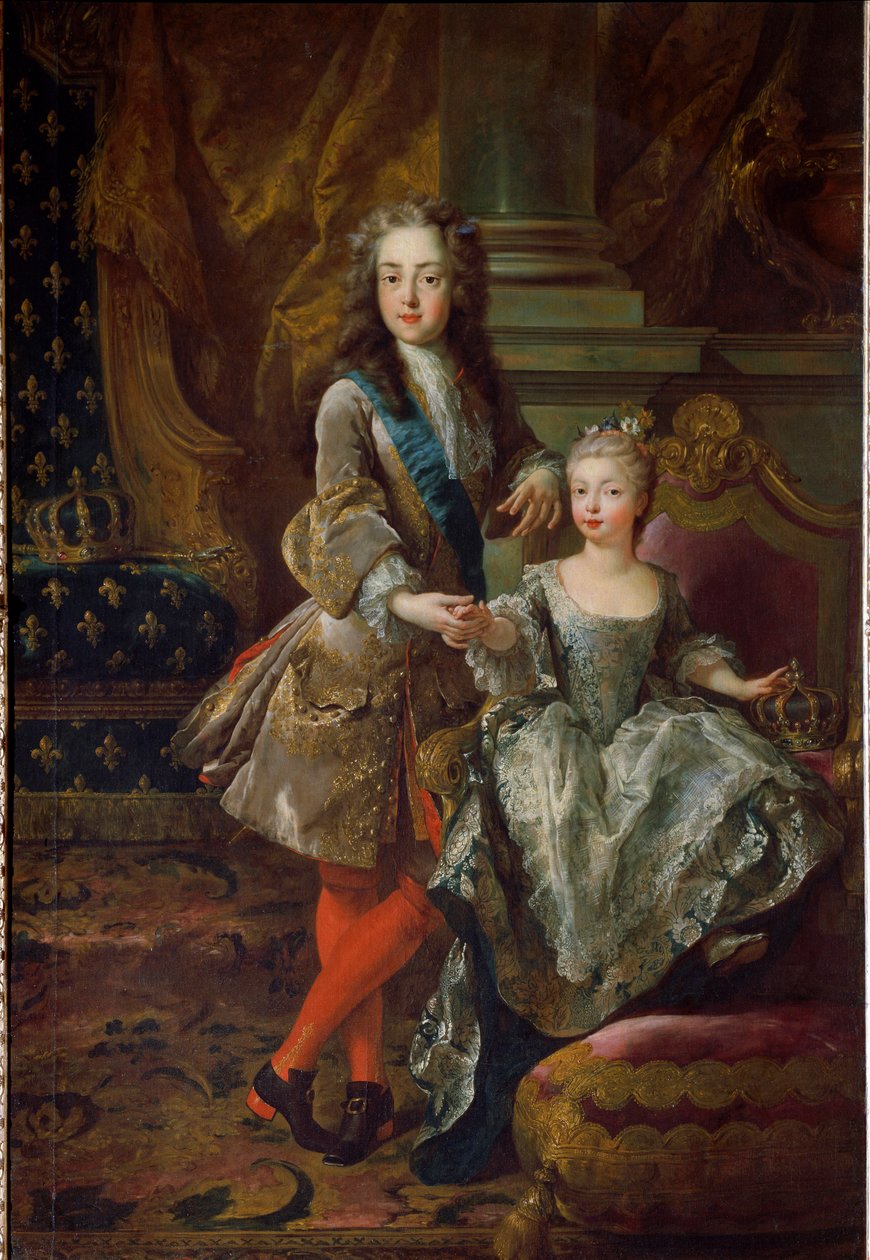 صورة للملك لويس الخامس عشر (1710-1774) وخطيبته ماري آن فيكتوار من إسبانيا (1718-1781) ، ابنة فيليب الخامس ملك إسبانيا لوحة رسمها جان فرانسوا دي تروي (1679-1752) حوالي عام 1724 فلورنسا ، قصر بيتي بواسطة جان فرانسوا دي تروي