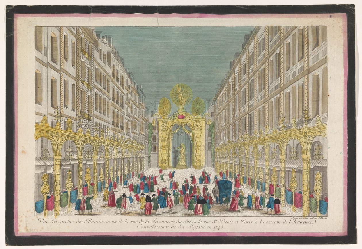 منظر لزخرفة شارع Rue de la Feronnerie في باريس بمناسبة ترميم لويس الخامس عشر ملك فرنسا عام 1745 منظور Vue des Illuminations de la Ruë de la Feronnerie du côté de la Ru St. Denis a Paris (...) (العنوان on o بواسطة جان فرانسوا دومون