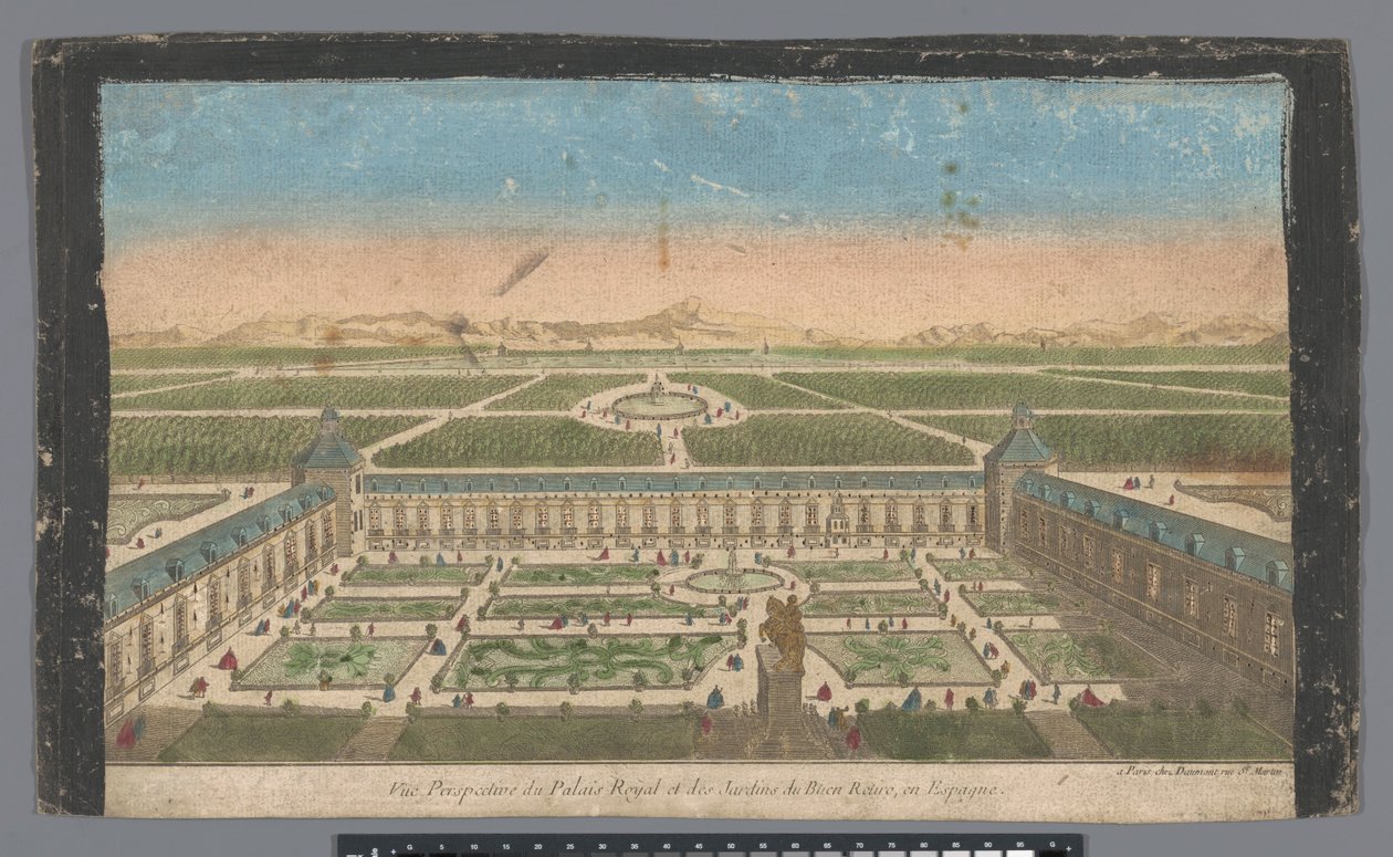 منظر للحديقة و Palacio del Buen Retiro في مدريد منظور Vüe du Palais Royal et des Jardins du Buen Retiro ، en Espagne (العنوان على الكائن) بواسطة جان فرانسوا دومون