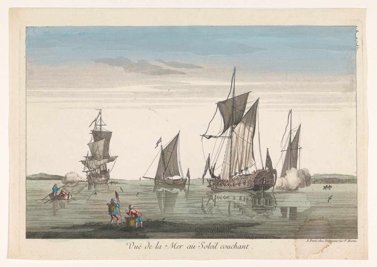 المناظر البحرية مع السفن والقوارب عند غروب الشمس Vue de la Mer au Soleil couchant (العنوان على الكائن) بواسطة جان فرانسوا دومون