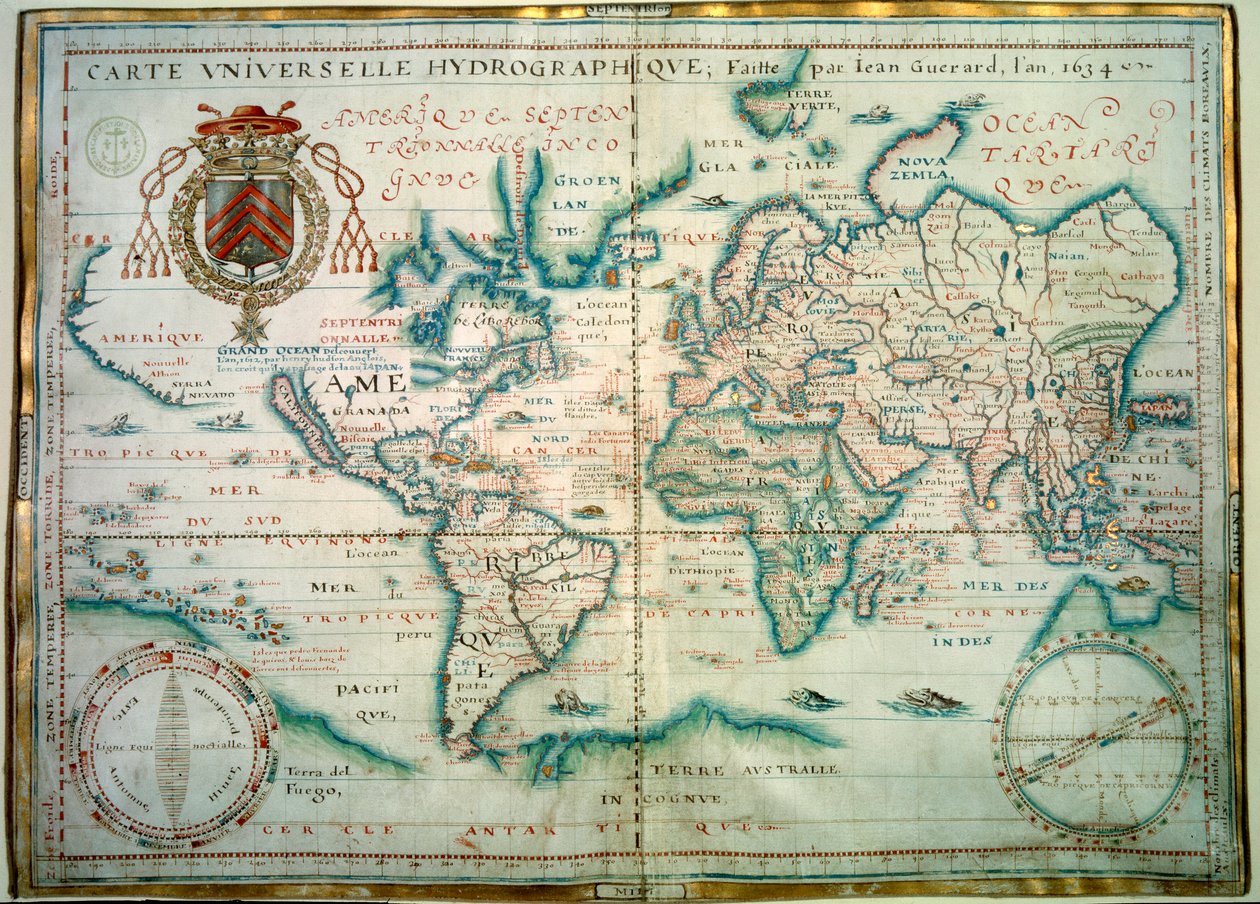 الخريطة الهيدروغرافية العالمية. مخطوطة لجان جيرارد، جغرافي فرنسي. 1734. باريس، بن بواسطة جان جيرارد
