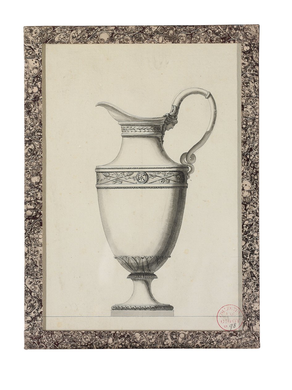 تصميم إبريق بمقبض قناع إغريقي (رصاص أسود وقلم وحبر أسود ورمادي وغسل أسود على الورق) بواسطة جان غيوم مويت