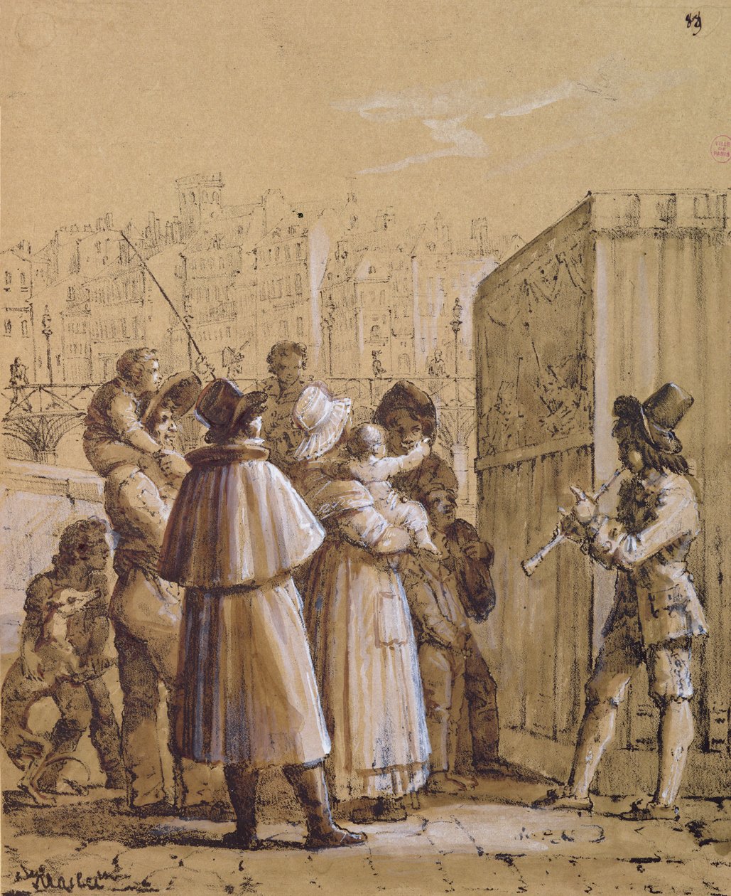 مشاهدون يشاهدون عرض Pulcinella بالقرب من Pont des Arts في باريس بواسطة جان هنري مارليت