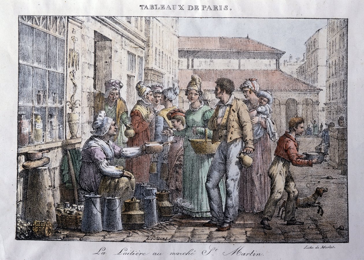 المهنة القديمة في شوارع باريس: La laitiere du marche Saint Martin (Saint-Martin) - نقش بواسطة Jean Henry Marlet (1771-1847) في "" Les Tableaux de Paris "، سلسلة من 72 مطبوعة ، نهاية القرن التاسع عشر بواسطة جان هنري مارليت