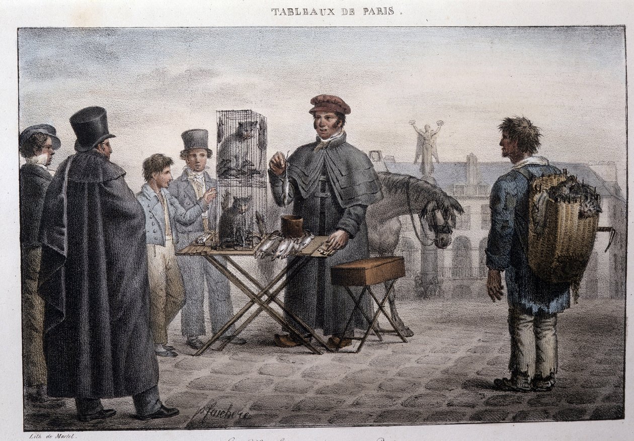 متر شوارع سابق في باريس: تاجر موت الفئران (كاميلوت). نقش جان هنري مارليت (1771-1847) في "" Les Tableaux de Paris "، سلسلة من 72 مطبوعة ، أواخر القرن التاسع عشر. بواسطة جان هنري مارليت