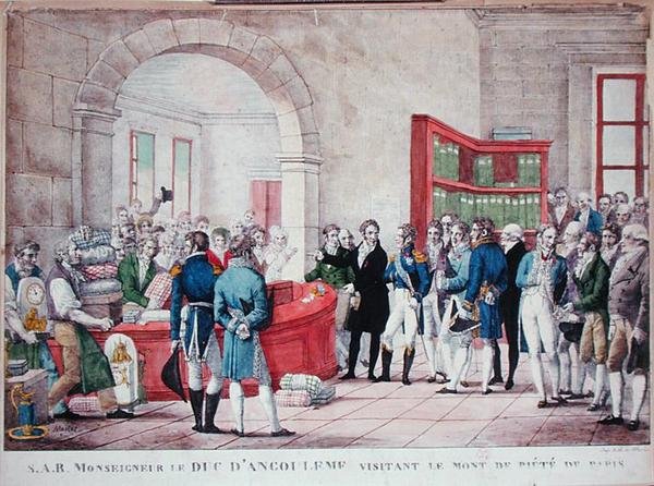 زيارة لويس أنطوان دورتوا ، دوق أنغوليم (1775-1844) إلى "مونت دي بيتي" في باريس ، حوالي 1820 (ليثو ملون) بواسطة جان هنري مارليت
